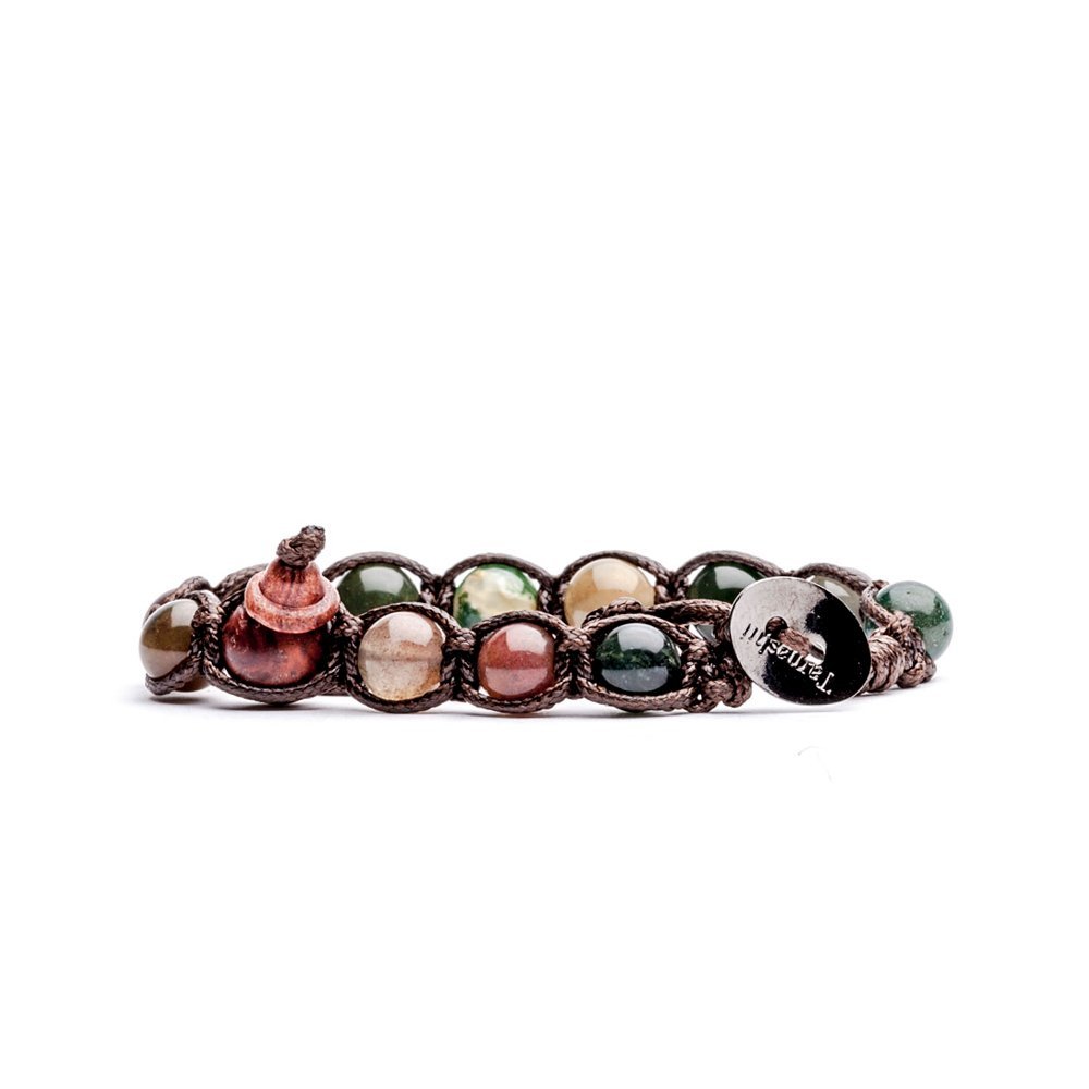 Bracciale Tamashii In Agata Verde E Legno - Regolabile, Unisex, Stile Tibetano