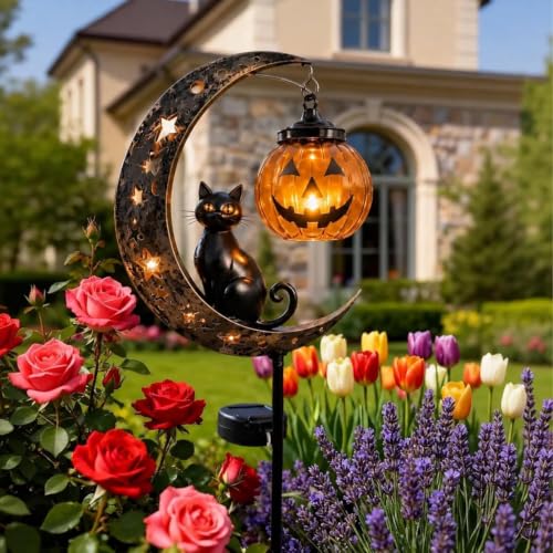 Linterna LED cálida solar con silueta de calabaza metálica 5