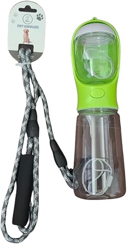 Portable Dog Water Bottle and Food Dispenser Combo with Braided Leash, 550ml, Green, Travel Pet Supplies Set