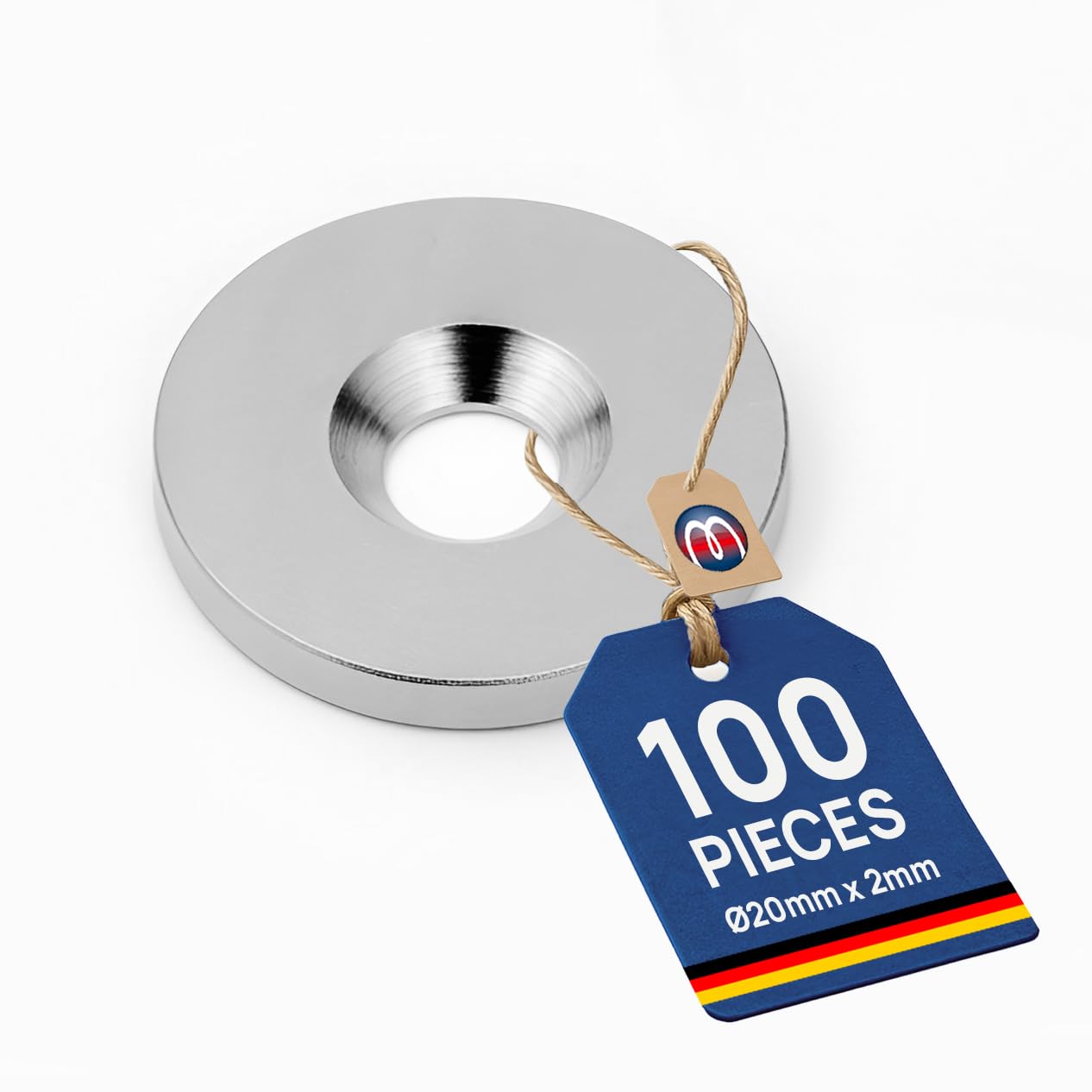 100 metalowych krążków z otworem i pogłębieniem – Ø 20 x 2 mm – ze stali ocynkowanej (DC01) – metalowe płytki okrągłe z otworem (otwór wpuszczany) – odpowiednik/podkład samoprzylepny do magnesów (ferromagnetyczny), ilość: 100 sztuk
