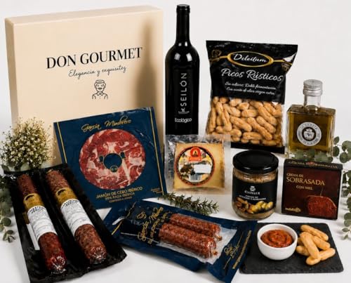 DON GOURMET, Cesta Gourmet para Presente, Cesta de Natal, Personalizável, Queijo curado, presunto ibérico, chouriço ibérico, lote de embutidos ibéricos, azeite de oliva, pack ibéricos, Presente de