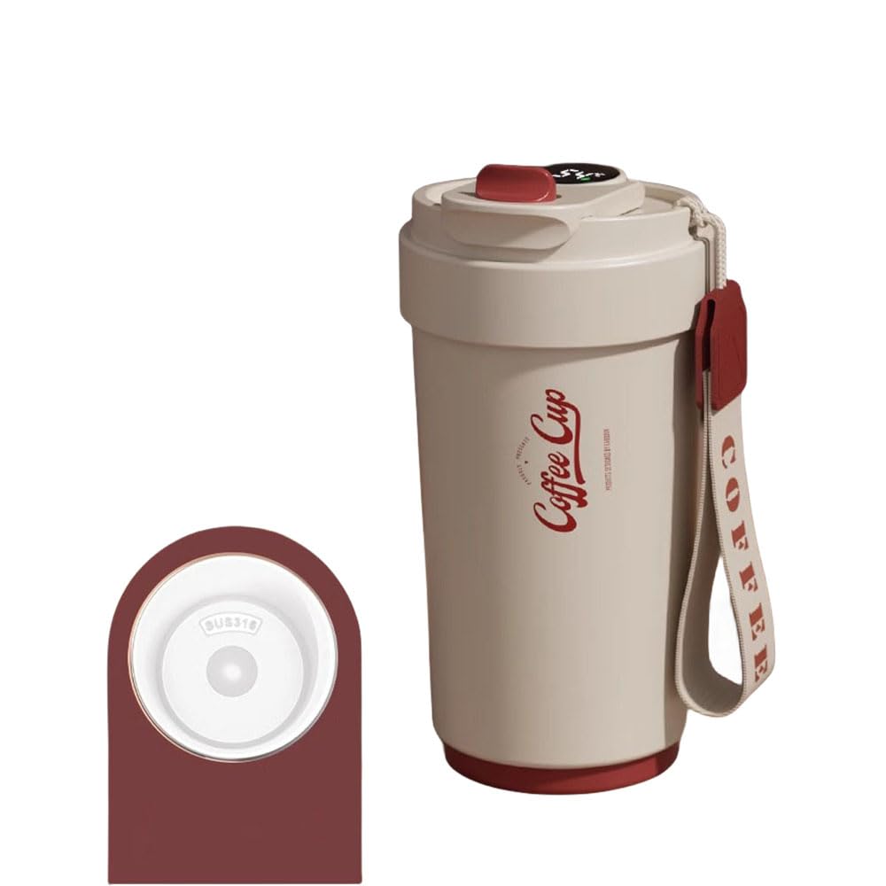 Kubek podróżny 450 ml kubek termiczny ze stali nierdzewnej szczelna pokrywka czerwony, biały, czerwony i biały, czarny ceramiczny wkład, z linką do noszenia, z klamrą blokującą do zimnych