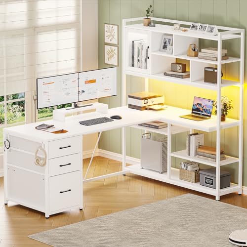 SEDETA L Shaped Computer Desk, 58'' Office Desk with 3 Drawers and Bookshelf, L Shaped Corner Desk with Storage Shelves and LED Light for Home Office,