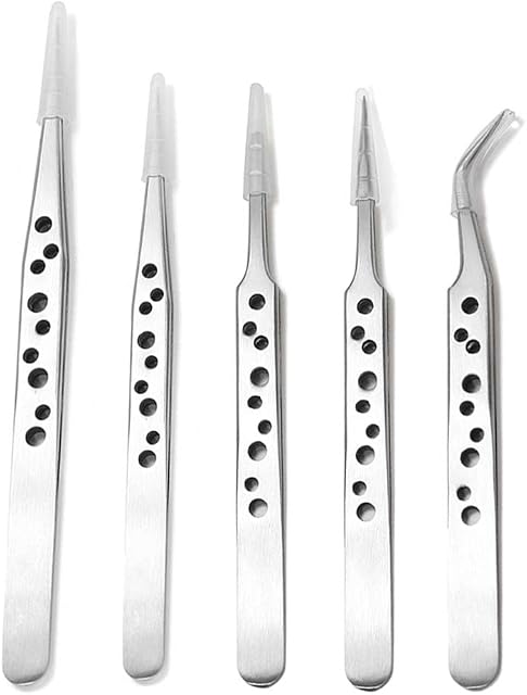 Bestgle 5pcs 9-Hole Anti-Static Tweezer, Professional Stainless Steel Precision Tweezers Set Non-Magnetic Curved and Straight Pointed Tips Kit
