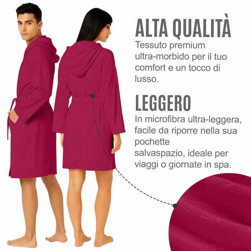 NARCISO - Accappatoio Uomo Donna Microfibra Economico con Tasche Cappuccio e Cintura, Ideale per Casa, Viaggio, Palestra, Tessuto Morbido e Comodo, Taglie dalla S alla XXL