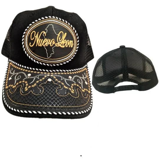 Nuevo Leon Hat, Adjustable Unisex, Charro Style, Polyester/Acrylic, Embroidered Snake Skin Design in Black