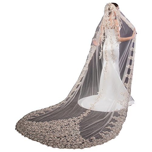 Cibelle Women's 1T Floral Appliques Lace Sequin Wedding Veils 3 Merters Long Birlda Veil Champagne