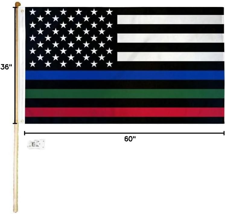 3x5 3'x5' USA Thin Blue Green Red Line Polyester Flag With 5' (Foot) Flag Pole Kit With Wall Mount Bracket & Screws (Imported)