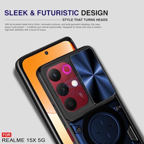 Image of AESTMO Armor realme 15X 5g / C85 5g Bumper Back Case Cover | Ring Holder & CD Pattern Sliding Camera Shutter Cover | Back Case Cover for realme 15X 5g / C85 5g (Blue)