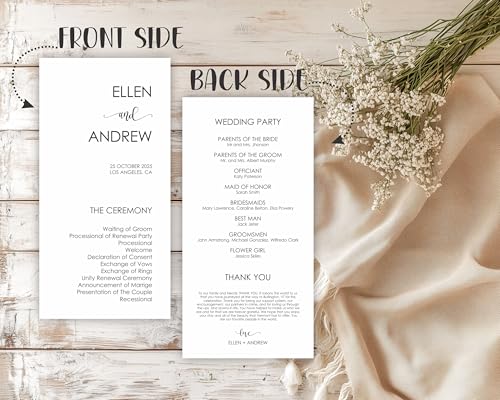 Personalized Printed Wedding Programs, Set of 20 Wedding Menu, Modern Wedding Programs, Simple Program, Wedding Program Cards, Wow Renewal, Birthday, Shower, Quinceanera, Party, Made in USA - Thumbnail 4