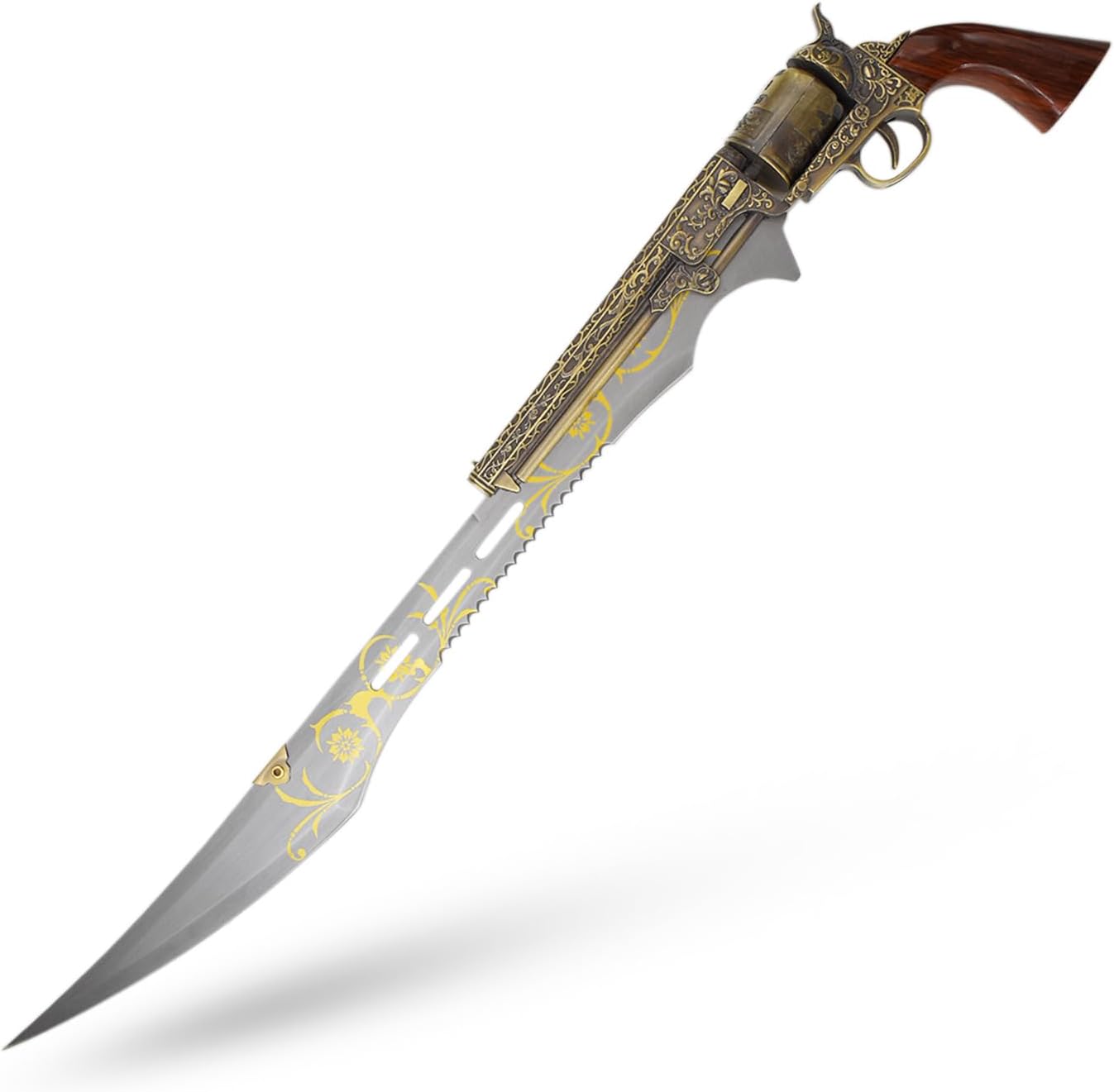 MASTER USA Civil War Collectible Decorative Revolver Sword, 27 Inch Overall Length, Stainless Steel Blade with Ornate Engravings, Pistol Design Handle, Includes Nylon Sheath - SMB-110SWD
