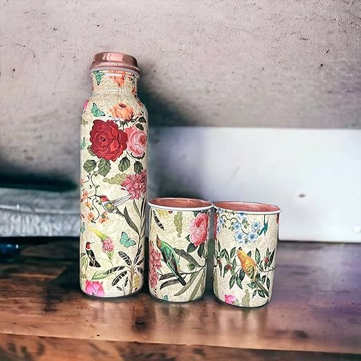 Image of Copper Water Bottle 1 Ltr | Copper Water Bottle with Glass Set | Meena Work | 100% Pure | Leak-Proof | 2 Water Glass 300ml each | Best for Gifting ((Meena Rose Design))