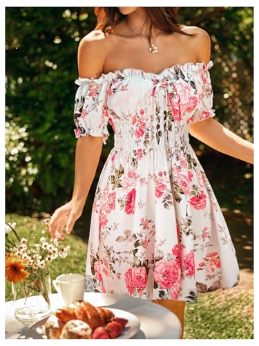 Image of Floerns Women's Floral Print Off Shoulder Ruffle Puff Sleeve Smocked Short Dress