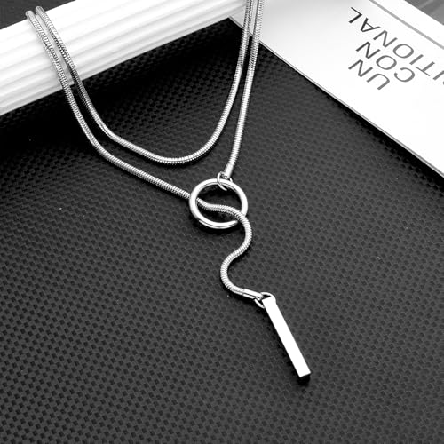 Slip Chain Necklaces for Women Stainless Steel Bar Pendant Choker Necklace Boho Handmade Long Lariat Necklace Silver Statement Punk Rock Collar Jewelry4