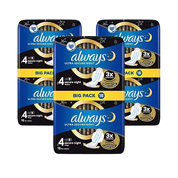 Always Ultra Secure Night (Größe 4) Damenbinden mit Flügeln, 18 pro Packung, 3 Stück, insgesamt 54 Stück