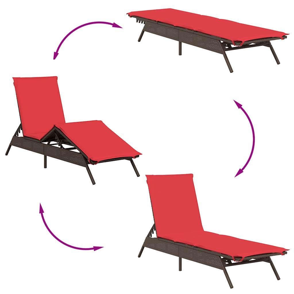 Lettino Prendisole da Giardino in Polyrattan Marrone | Sdraio regolabile per giardino e piscina con cuscino rosso imbottito e sfoderabile per momenti di relax all'aperto.