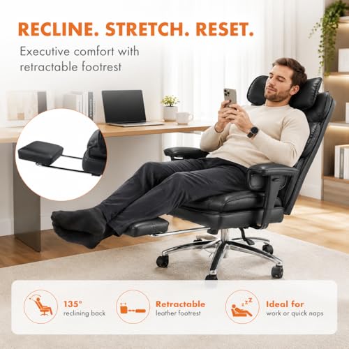 Image of Big and Tall Ergonomic Office Chair with Footrest, Executive High Back PU Leather Desk Chair, Reclining Computer Chair with Adjustable Lumbar Support and Armrests, Swivel Rolling Gaming Chair, Black