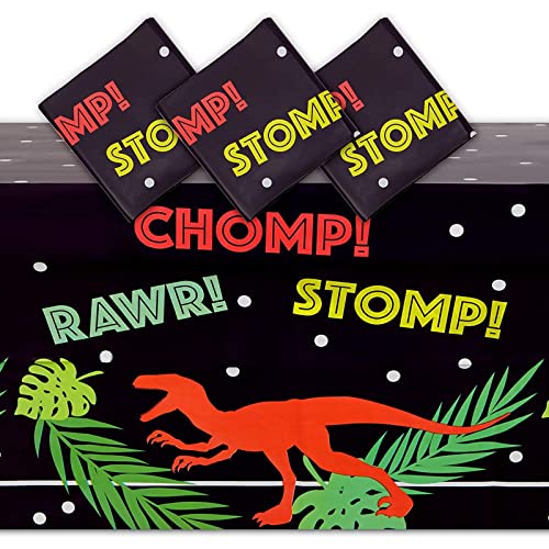 Image of BLUE PANDA Dinosaur Plastic Tablecloth - 54 x 108 in, Black, 3 Pack - Disposable Table Cover for Dinosaur Birthday Party Decor