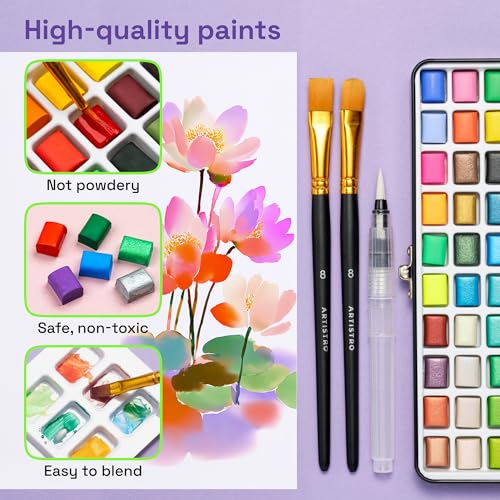 Image of ARTISTRO 100 Color Watercolor Paint Set - Portable Paint Art Kit with Palette and Brush Pens - Travel Water Color Set for Adults, Professionals, Kids - Art and Painting Supplies - Gift Idea