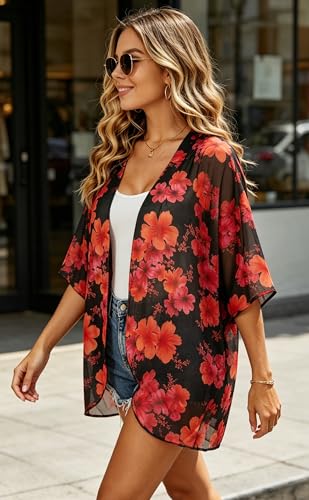 Image of FINOCEANS Womens Floral Chiffon Kimono Cardigans Loose Beach Cover Up Half Sleeve Tops