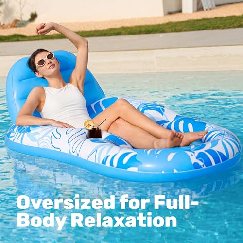 Miniatura 2 de Sloosh Flotadores Inflables Para Piscina, Reclinable Para Adultos, Flotador De Piscina Con Respaldo Ajustable, Silla Flotante Con Portavasos Y Reposapiés Para Fiesta De Verano En La Piscina Azul