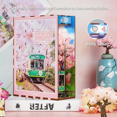 Image of Tonecheer DIY Book Nook Kit for Adults,3D Wooden Puzzle Bookend Bookshelf Insert Library Decor, Booknook Miniature House Kit with Body Motion Sensor LED Light (Sakura's Travel)