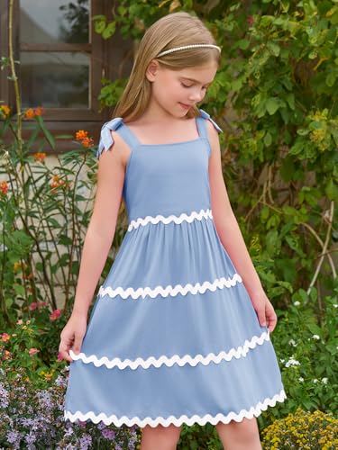 Haloumoning Girl's Sundresses Kids Summer Sleeveless Bowknot Strap RIC Rac Smocked Summer Dresses 5-14 Years4