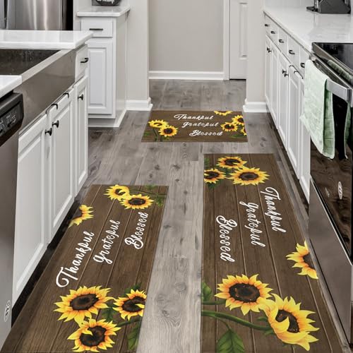 Sunflower Kitchen Mat Set of 3, Yellow Sunflower Kitchen Rugs