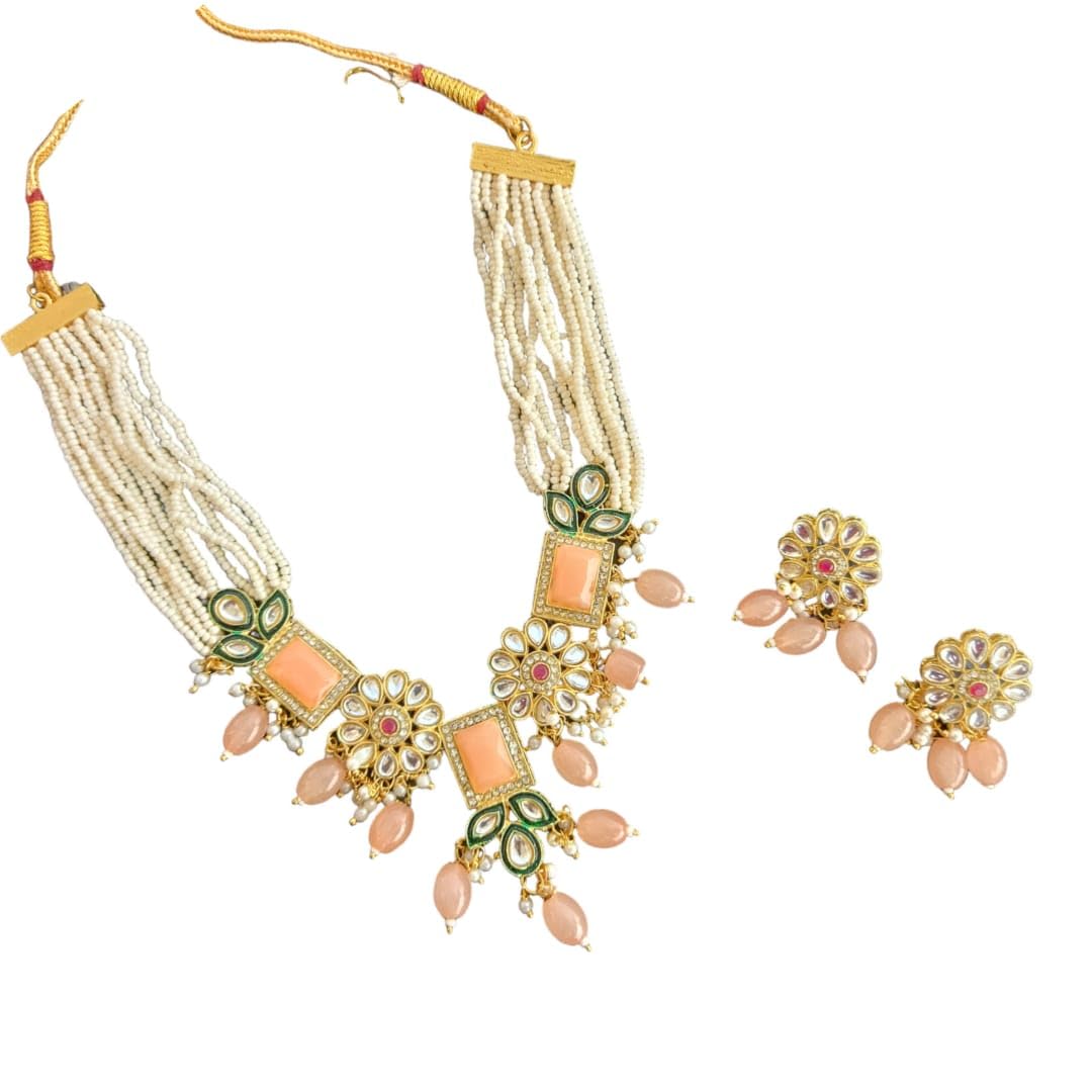 Sweksha Creations Gold Plated Pearl AD Work Kundan Chokar Necklace Set with Earrings for Women, Girls | Traditional Jewellery Set (Peach) (B0D7MGH6MK) Amazon Price History, Amazon Price Tracker