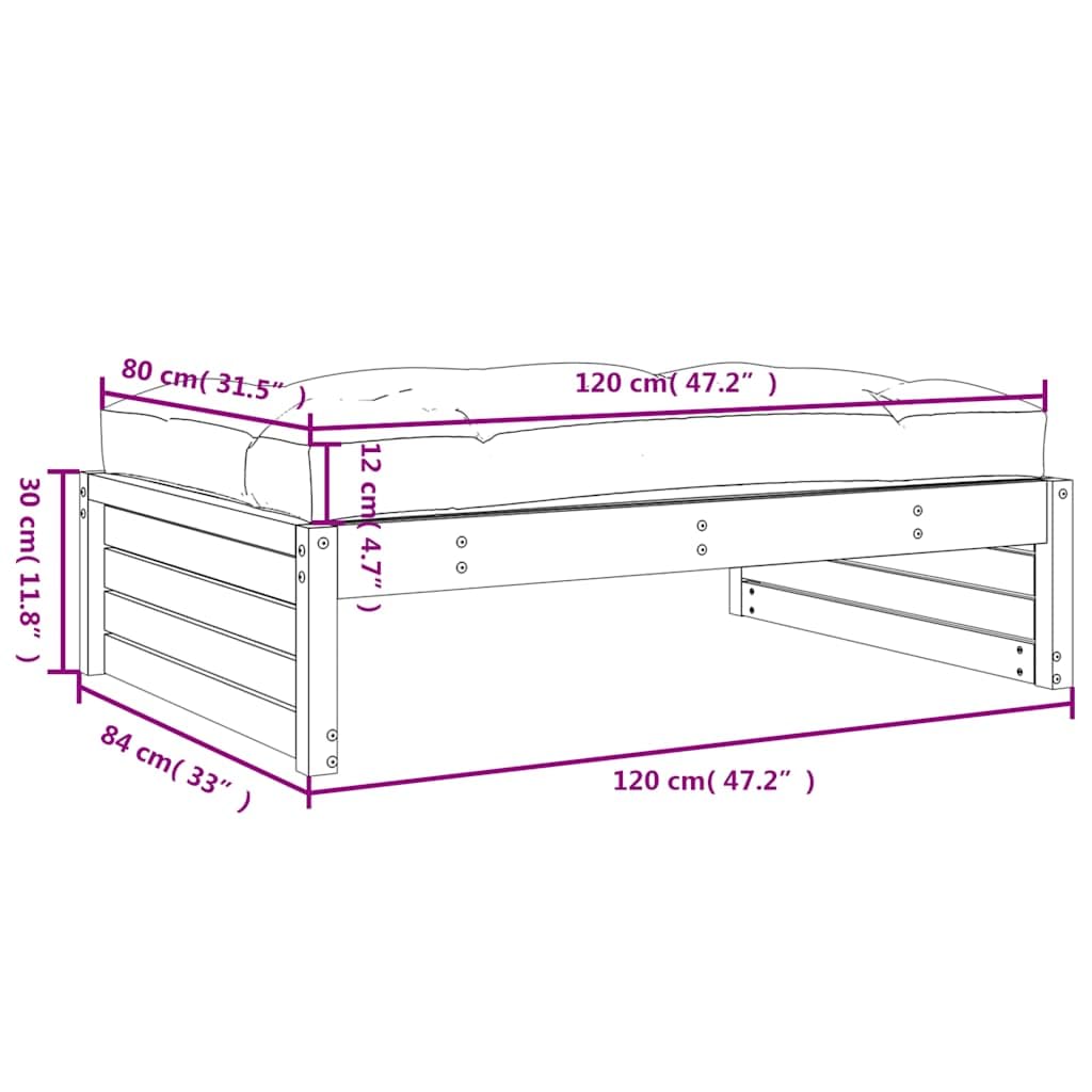 Taboret ogrodowy czarny, 120 x 84 x 30 cm, lite drewno sosnowe, do użytku na zewnątrz, z poduszkami w kolorze antracytowym, na taras, balkon, zestaw mebli modułowych