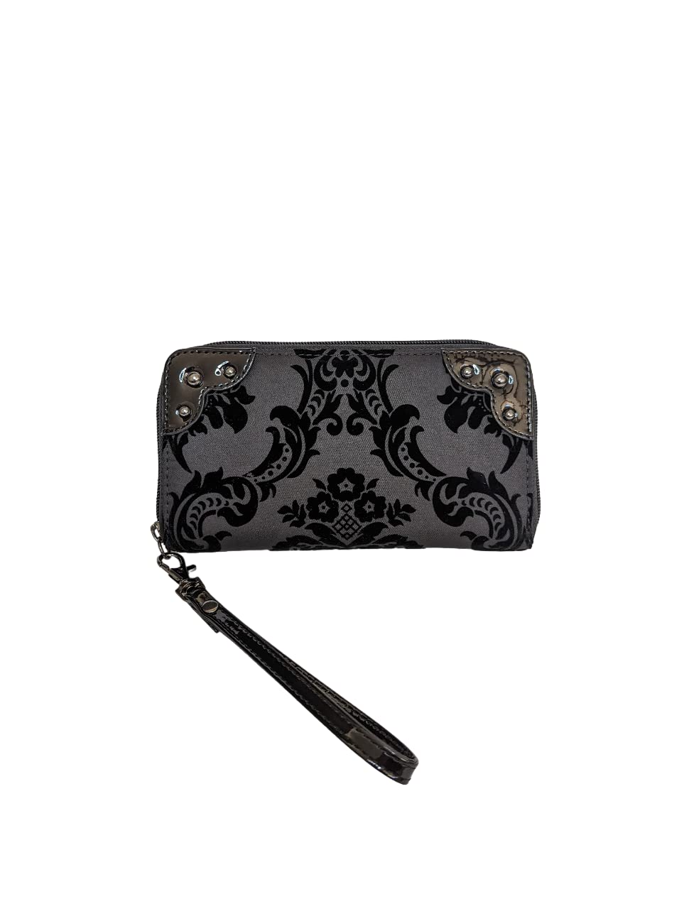 Rock Rebel Black on Black Wristlet Victorian Damask Zip Around Wallet, Black