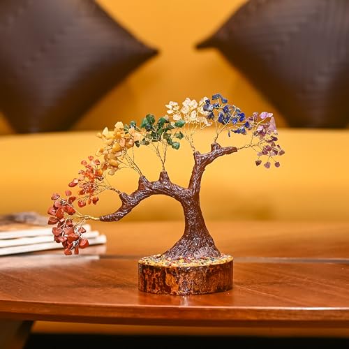 Image of Seven Chakra Crystal Tree for Positive Energy and Home Decor - Handmade Feng Shui Bonsai Tree with Natural Gemstones on Wooden Base - Healing and Meditation