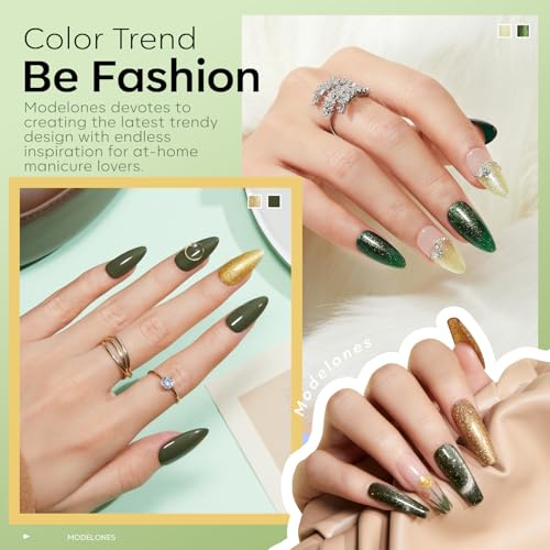 Image of modelones Gel Nail Polish Set, 6 Colors 2026 Spring Summer Green Gold Yellow Sparkle Reflective Glitter Gel Polish Dark Green 9D Cat Eye Nail polish with Magnet Soak Off LED Nail Art Kit DIY Gift