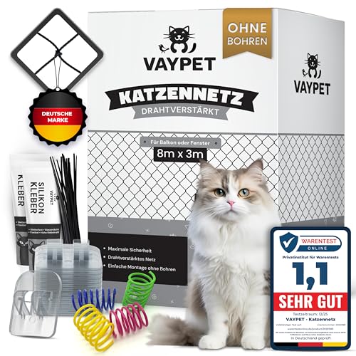 VAYPET® Katzennetz für Balkon ohne Bohren inkl. Klebehaken & Silikonkleber I Robustes Katzennetz drahtverstärkt & wetterfest I Einfach mit dem Katzennetz Balkon, Fenster & Terrasse sichern (8x3m)