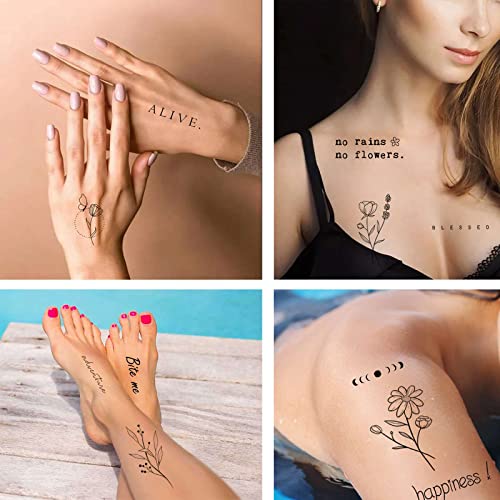 Tattoonova Realistic Temporary Tattoo 48 Designs Quote Word Inspirational Words Wild Flower Floral Bouquet For Women Girls #TOP1