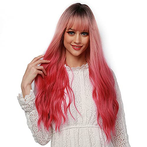 MEIRIYFA Pink Wavy Wig, Long Curly Wig With Bangs Ombre Pink to Rose Red wig for Women Synthetic Fiber Hair Full Wig for Cosplay Party Wig Daily Use 25inch