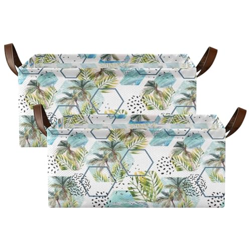 Fygkptb Tropical Leaves and Palm Trees Geometric Shapes Hexagons Marbling 2 PC Rectangle Foldable Frame Basket Leather Handles Storage Bin for Laundry Bathroom Organizer 16.9 x 11.4 x 7.7 inch