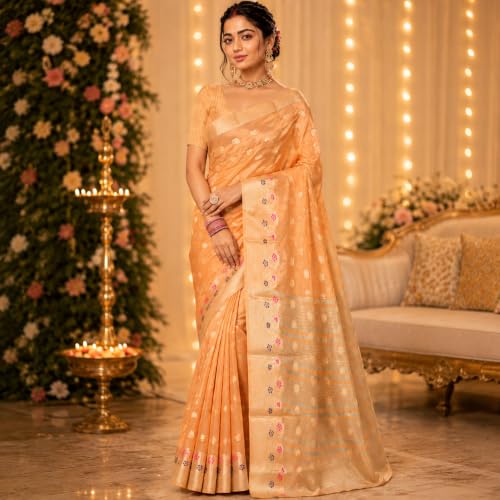 Image of Sarees for Women Wear Organza Silk Banarasi Sari Kanjivaram Soft Pure Paithani Wedding Original Kanchipuram Pattu Sadi with Blouse Piece 2026 (Gulab)