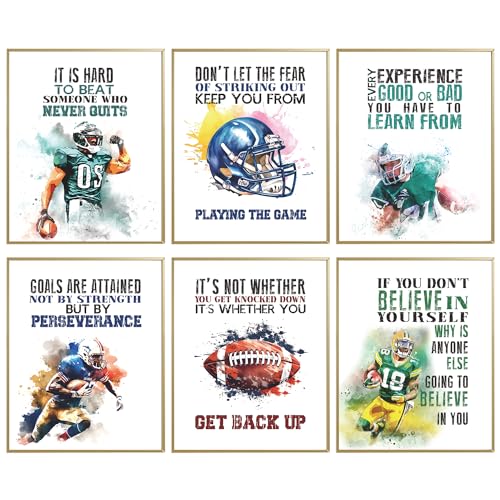 Positive Quotes Football Wall Decor, Football Room Decor For Kids Teenagers, Inspirational Motivational Football Poster Decor For Boys Men Room Bedroom, Sports Wall Art Print Set Of 6 (8x10 in)