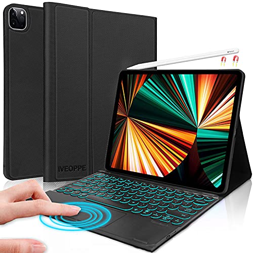 Detachable Keyboard Case for iPad Pro 12.9 inch 2021/2020, Keyboard Case for iPad 5 Gen 2021, PU Folio with Stand, TouchPad, 7 Color Backlight, Wireless Keyboard Cover for iPad Pro 12.9, Black