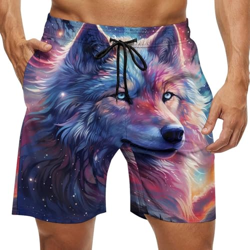 Wolf Starry Sky Mens Swim Trunks Beach Swimming Shorts with Pockets and Mesh Lining