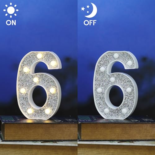 Image of Light Up Letters, Marquee Light Letter for Table Decorations, Glitter Light Up Signs for Prom, Events, or Engagement Party Decor, Featuring Alphabet & Number Lighted Letters, Number 6