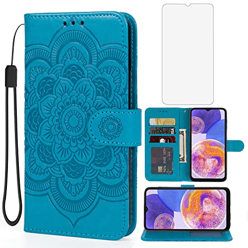 Étui pour Galaxy A23 en cuir bleu à motif gravé Mandala