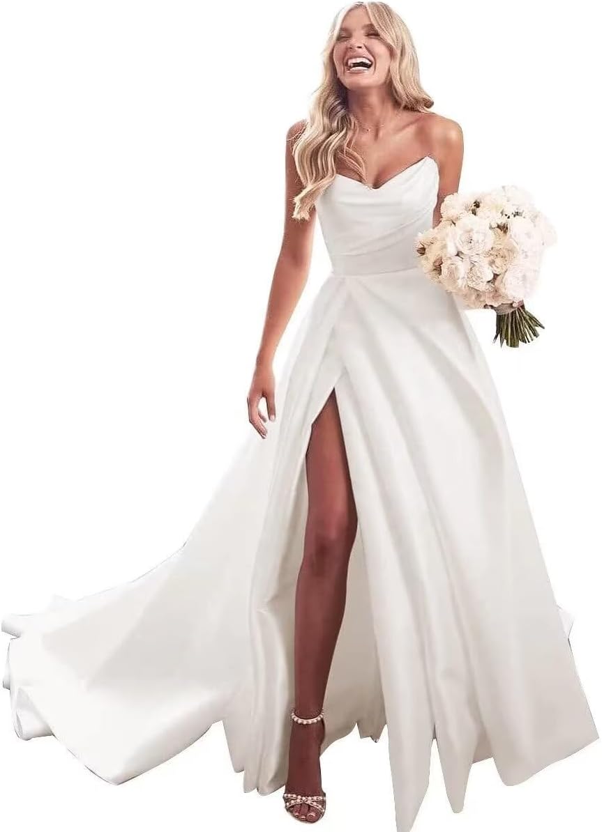 Sweetheart Wedding Dresses with Slit Long Satin Formal Evening Party Dresses for Women DR0108-03