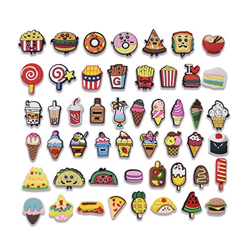 50PCS Food Themed Shoe Charm Cute Cartoon Food and Drink Shoe Accessory Unisex-adult Shoe Decoration Charms for Bracelet Wristband Birthday Favor