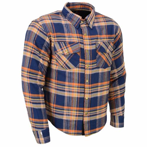 Milwaukee Leather MPM1656 Blue and Orange Flannel Biker Shirt for Men with CE Armor - Reinforced w/Aramid Fiber