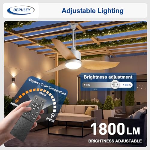 Image of Depuley 42-Inch Ceiling Fans with Lights: Outdoor Waterproof Ceiling Fan for Patios - Plug in Gazebo Fans with Remote Control - Low Profile Outdoor Fan 3 CCT DC Motor for Pergola Porch - Wood Color