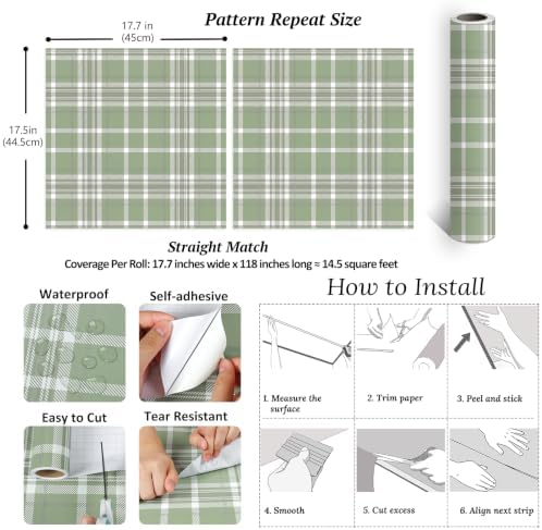 VEELIKE Sage Green Plaid Wallpaper Stick and Peel Checkered Contact Paper — 사진 7