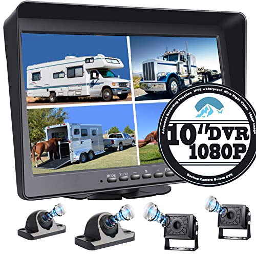 Backup Camera with Large 10.1'' Monitor and DVR for RV Truck Trailer Rear Side Front Backing View Wired System 1080P HD Image 4 Split Screen Advanced Recorder 64G IP69 Waterproof Avoid Blind Spot A101