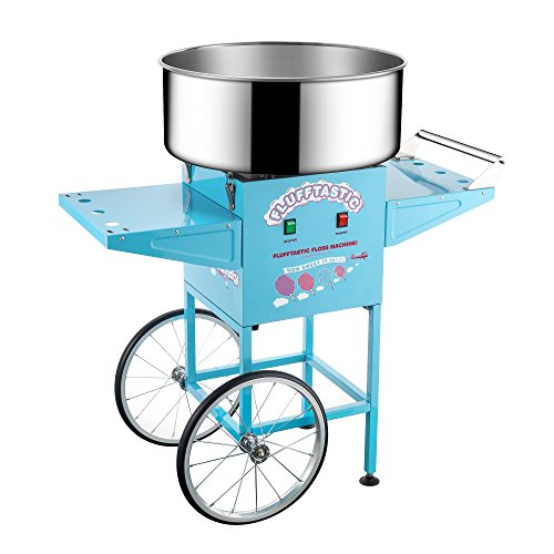 Cotton Candy Machine With Cart – 1000W Flufftastic Floss Maker With Stainless-Steel Pan, Side Trays, And 13in Wheels By Great Northern Popcorn (Blue)